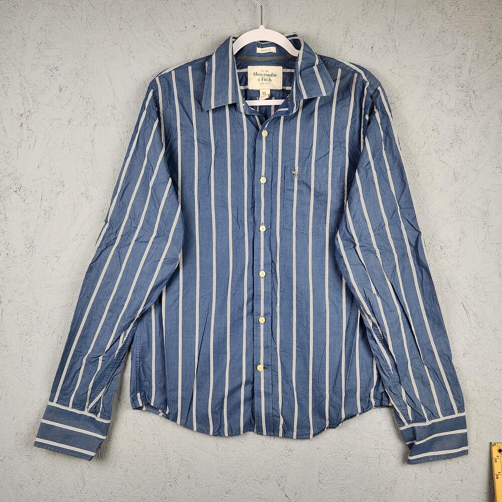 Abercrombie & Fitch Shirt Mens XL Blue White Striped Muscle Fit Button Up Moose